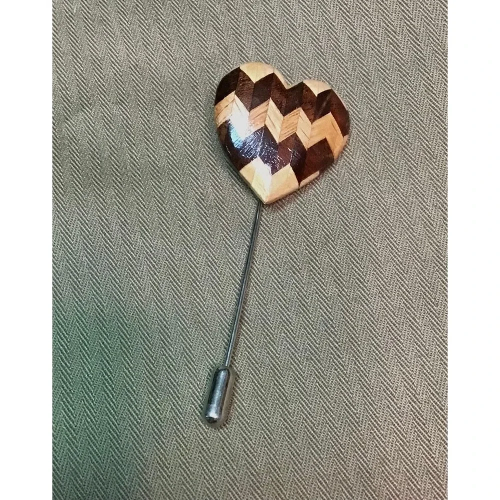 Vintage Wooden Heart Stick Pin Marquetry Lapel Pin Western Cottage Boho Priarie